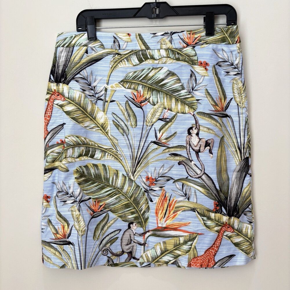 Ann Taylor Pencil Skirt 10 Blue Flora Monkey Giraffe Palm Tropical Cruise Resort